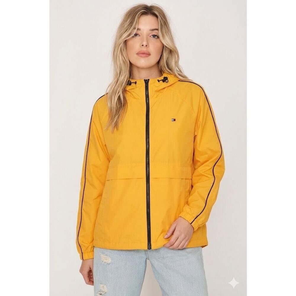 Tommy Hilfiger Yellow Hooded Windbreaker Jacket Full Zip Women Size XL NWT Sport